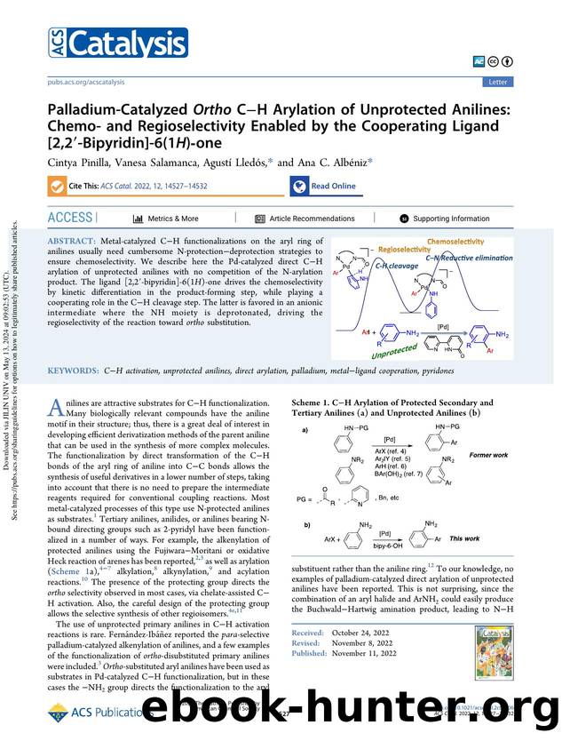 Palladium-Catalyzed Ortho CâH Arylation of Unprotected Anilines: Chemo- and Regioselectivity Enabled by the Cooperating Ligand [2,2â²-Bipyridin]-6(1H)-one by Cintya Pinilla Vanesa Salamanca Agustí Lledós & Ana C. Albéniz