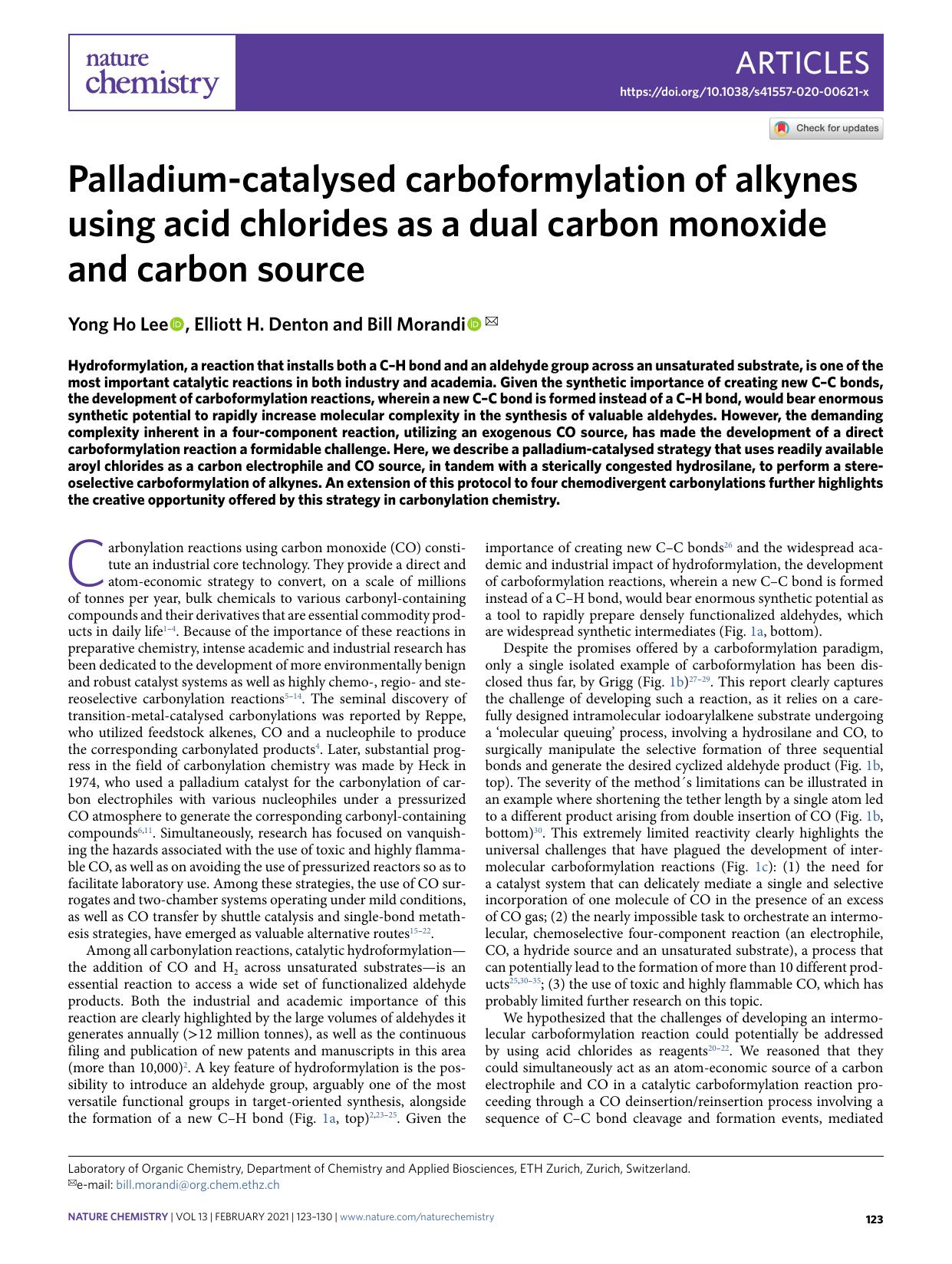 Palladium-catalysed carboformylation of alkynes using acid chlorides as a dual carbon monoxide and carbon source by Yong Ho Lee & Elliott H. Denton & Bill Morandi