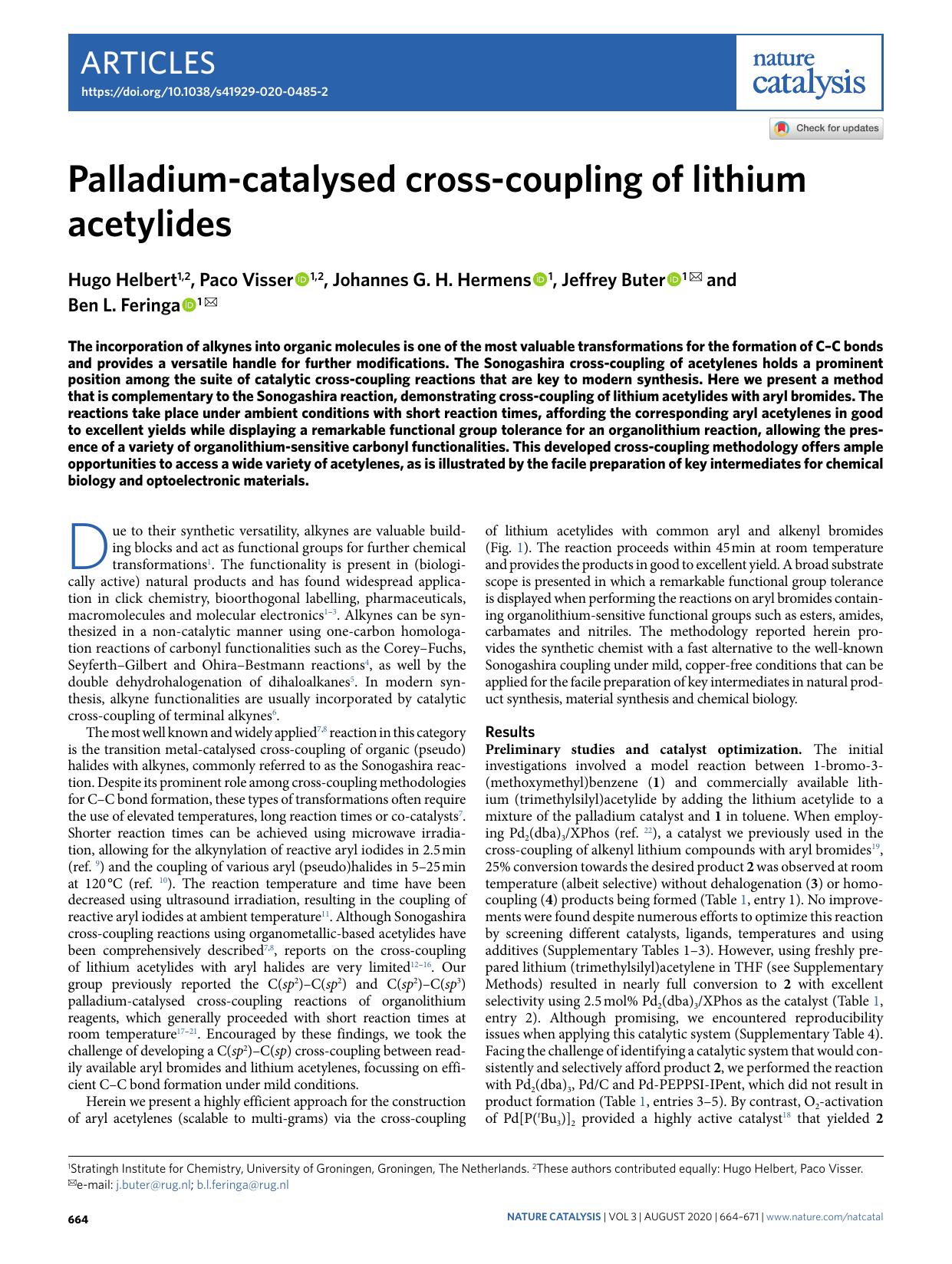 Palladium-catalysed cross-coupling of lithium acetylides by Hugo Helbert & Paco Visser & Johannes G. H. Hermens & Jeffrey Buter & Ben L. Feringa