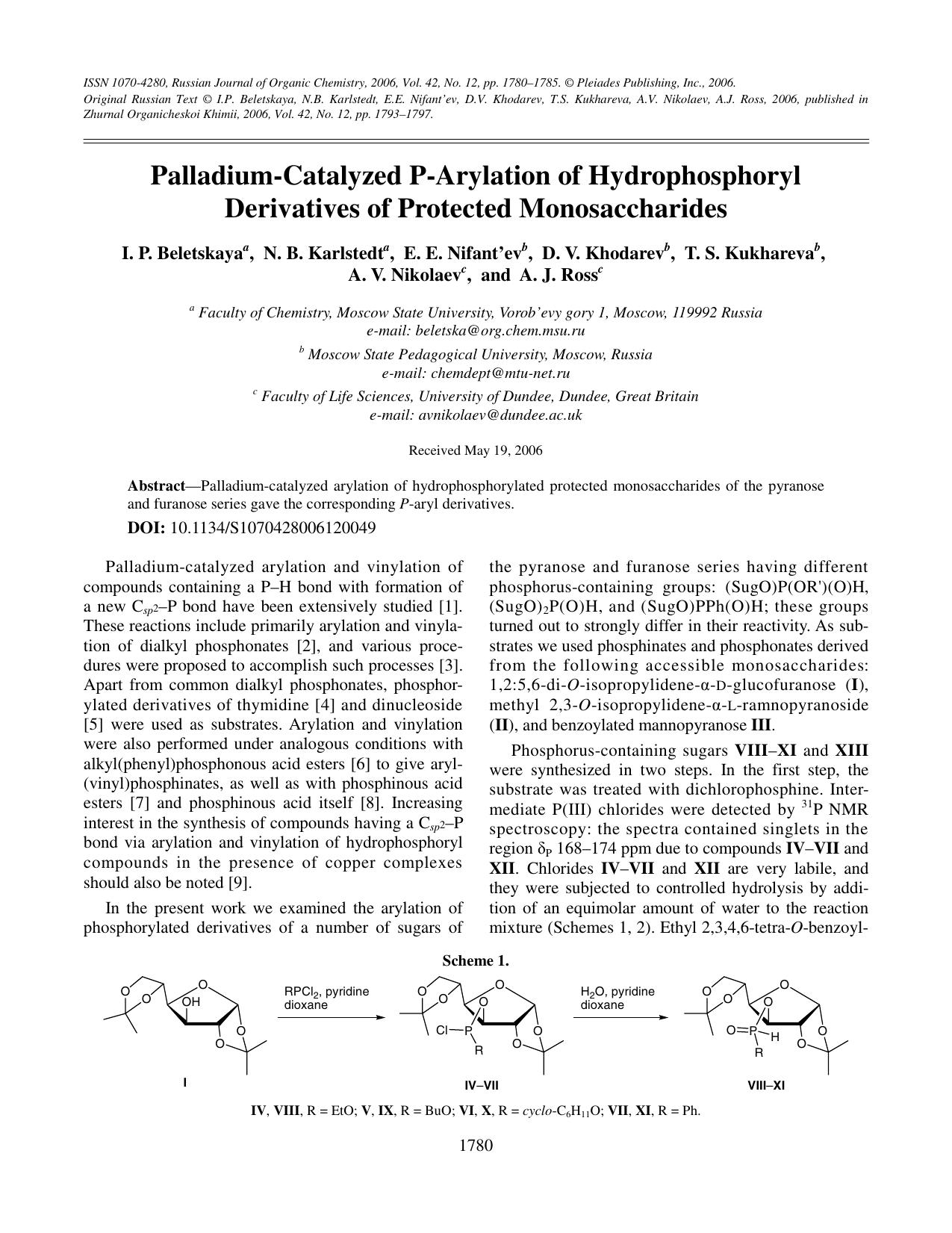 Palladium-catalyzed P-arylation of hydrophosphoryl derivatives of protected monosaccharides by Unknown