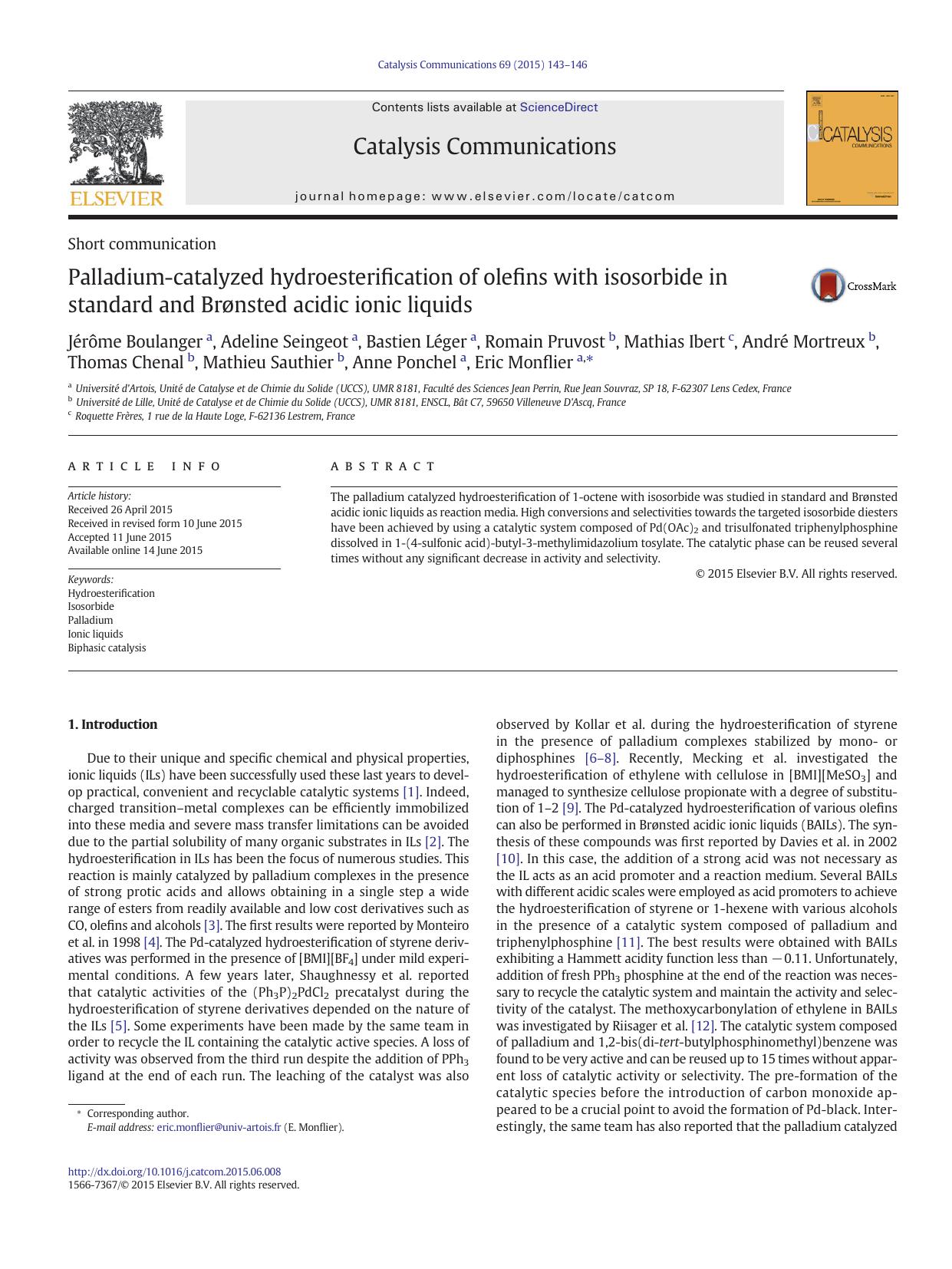 Palladium-catalyzed hydroesterification of olefins with isosorbide in standard and BrÃ¸nsted acidic ionic liquids by unknow