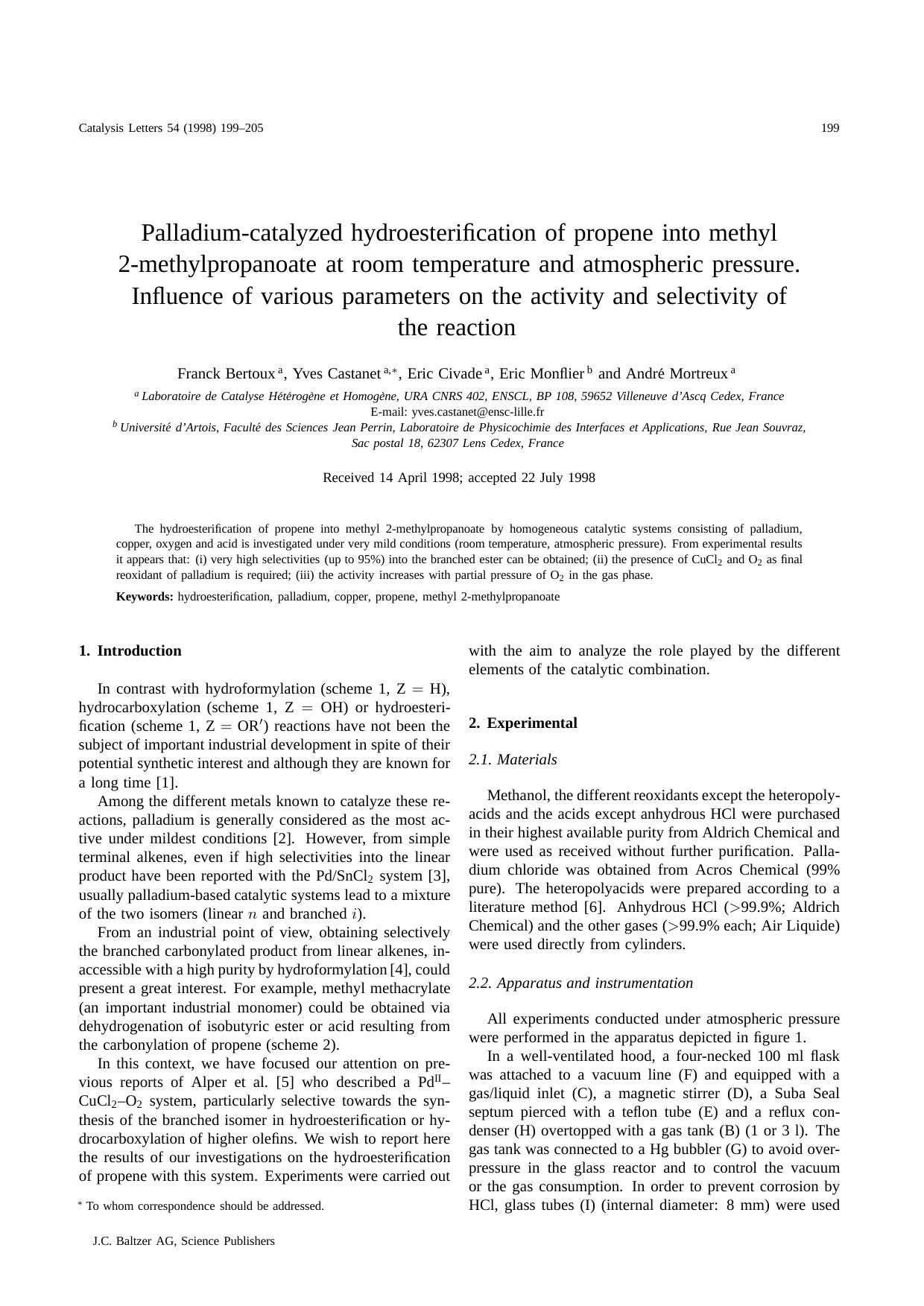 Palladium-catalyzed hydroesterification of propene into methyl 2-methylpropanoate at room temperature and atmospheric pressure. Influence of various parameters on the activity and by Unknown