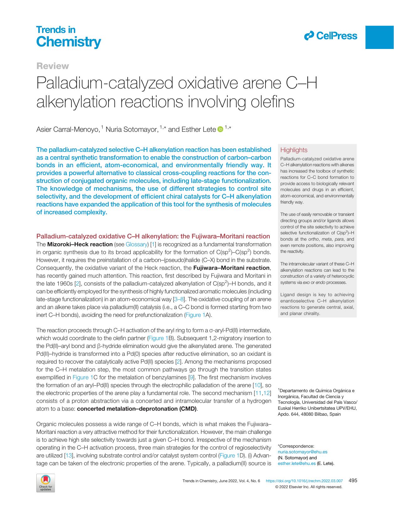 Palladium-catalyzed oxidative arene C-H alkenylation reactions involving olefins by Asier Carral-Menoyo & Nuria Sotomayor & Esther Lete