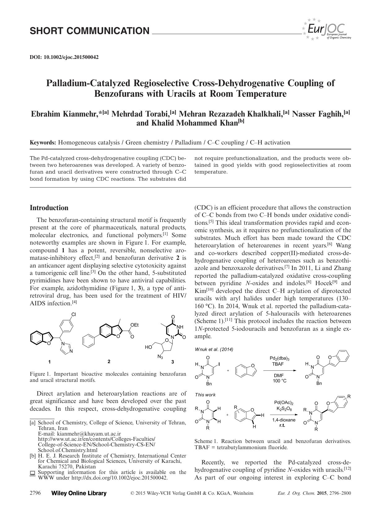 PalladiumCatalyzed Regioselective CrossDehydrogenative Coupling of Benzofurans with Uracils at Room Temperature by Unknown