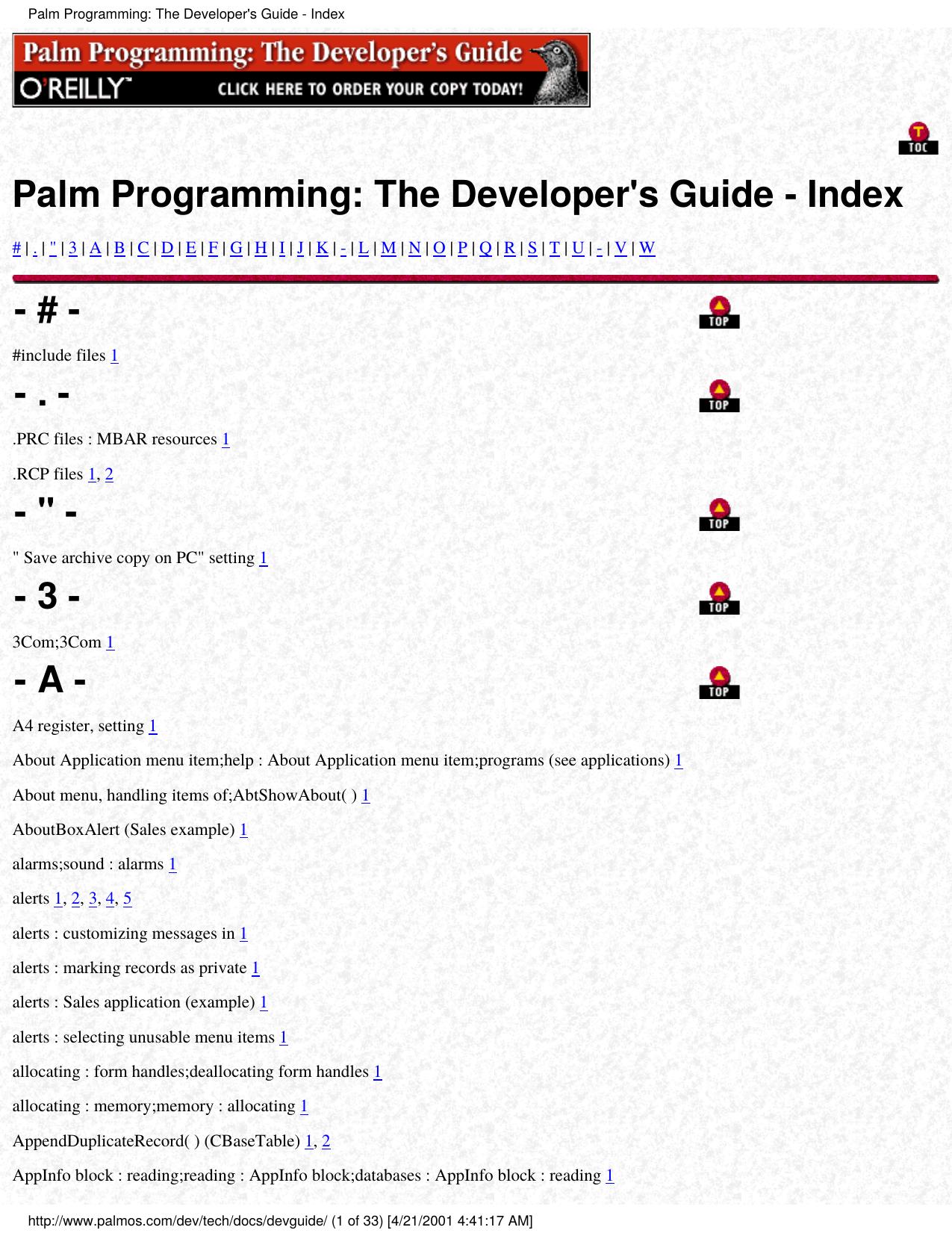 Palm Programming The Developer's Guide by Palm Programming: The Developer's Guide - Index