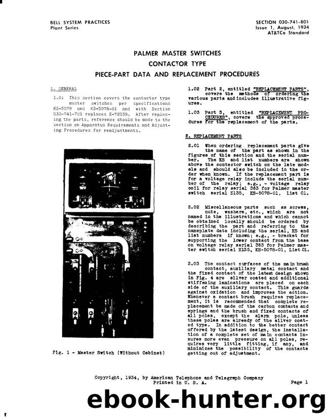 Palmer Master Switches Contactor Type Piece-Part Data and Replacement Procedures by AT&&T