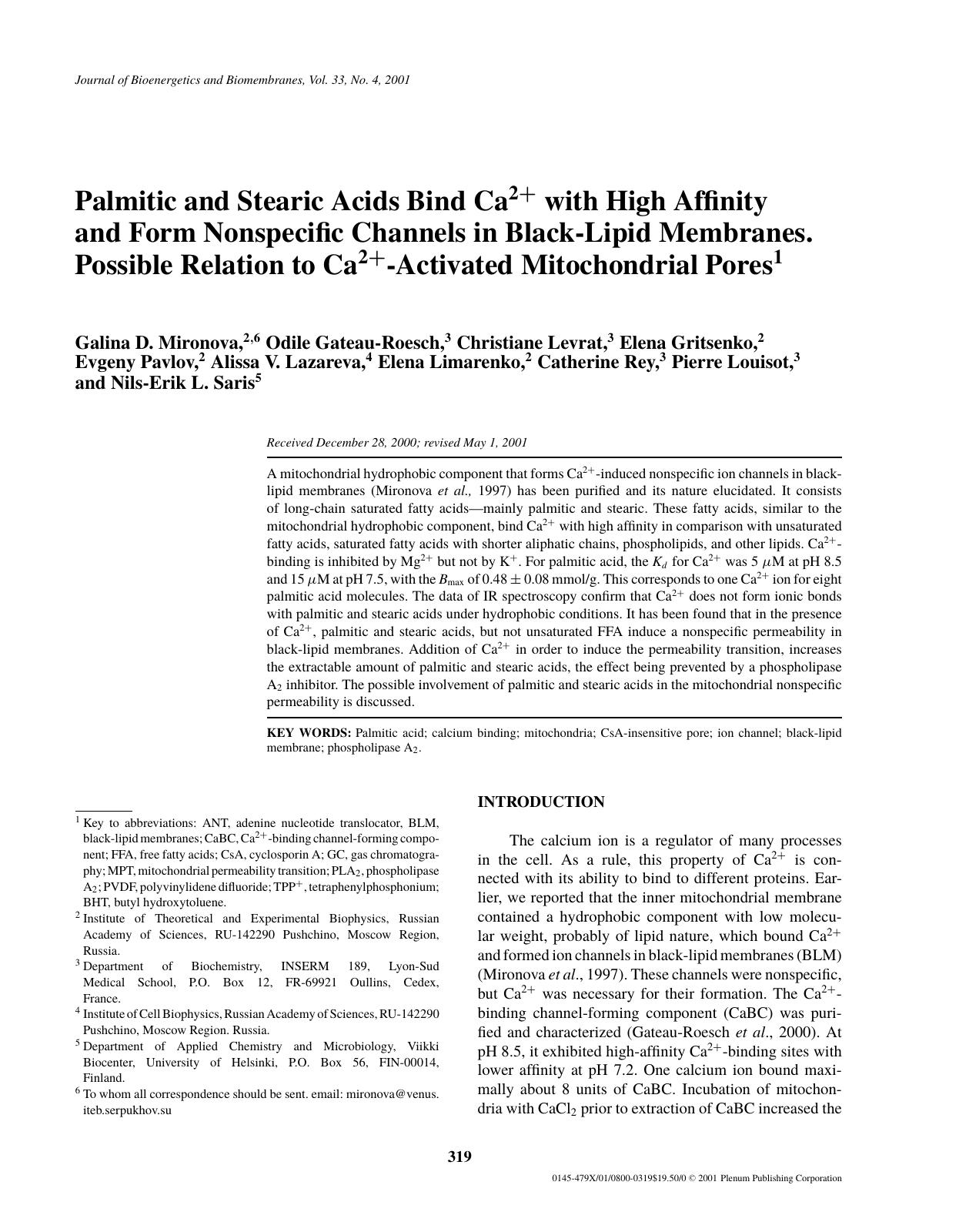Palmitic and Stearic Acids Bind Ca2+ with High Affinity and Form Nonspecific Channels in Black-Lipid Membranes. Possible Relation to Ca2+-Activated Mitochondrial Pores by Unknown