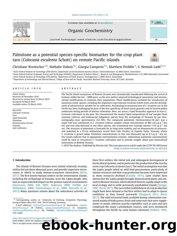 Palmitone as a potential species-specific biomarker for the crop plant taro (Colocasia esculenta Schott) on remote Pacific islands by Christiane Krentscher & Nathalie Dubois & Giorgia Camperio & Matthew Prebble & S. Nemiah Ladd