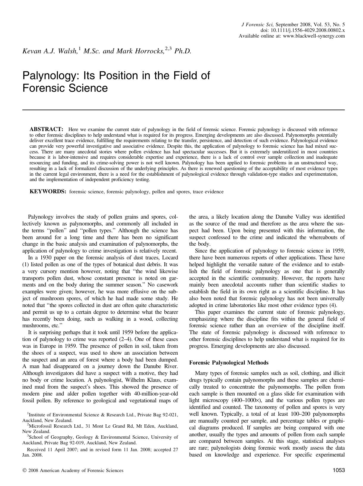Palynology: Its Position in the Field of Forensic Science by Unknown