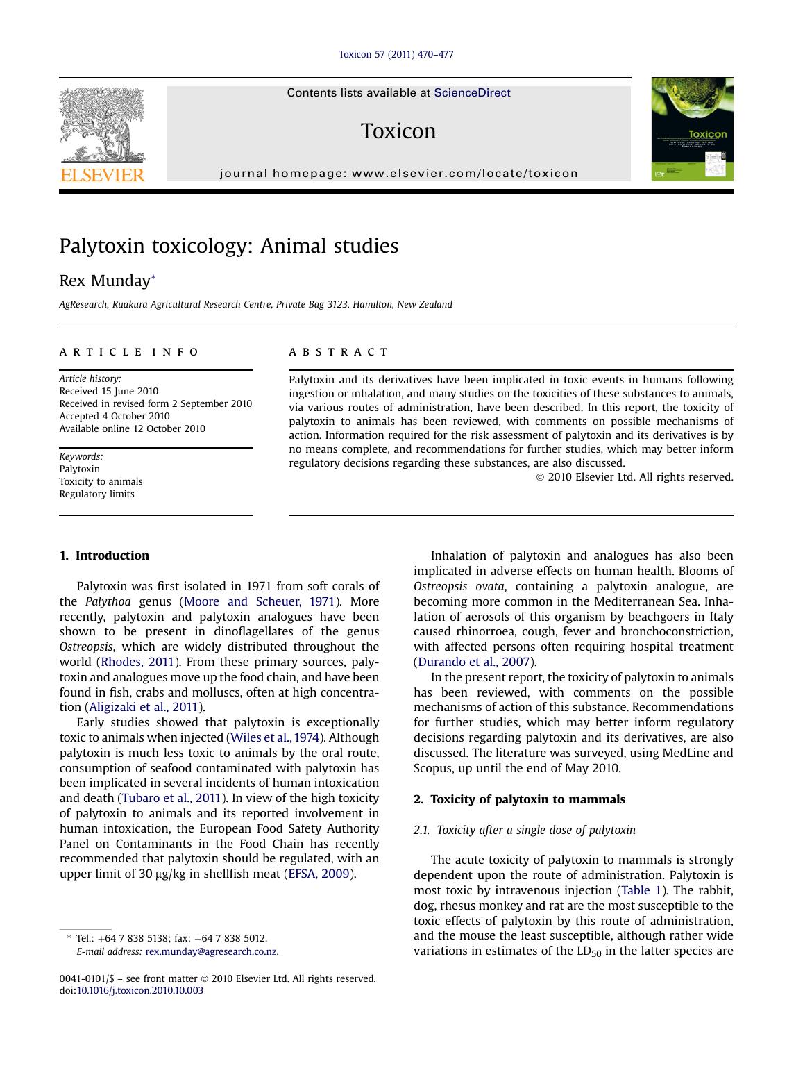 Palytoxin toxicology: Animal studies by Rex Munday