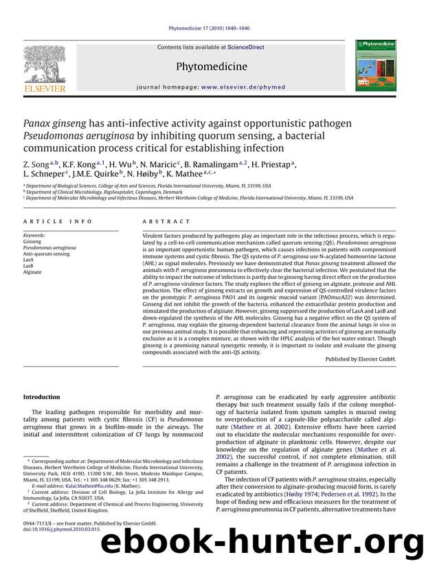 Panax ginseng has anti-infective activity against opportunistic pathogen Pseudomonas aeruginosa by inhibiting quorum sensing, a bacterial communication process critical for establishing infection by Z. Song
