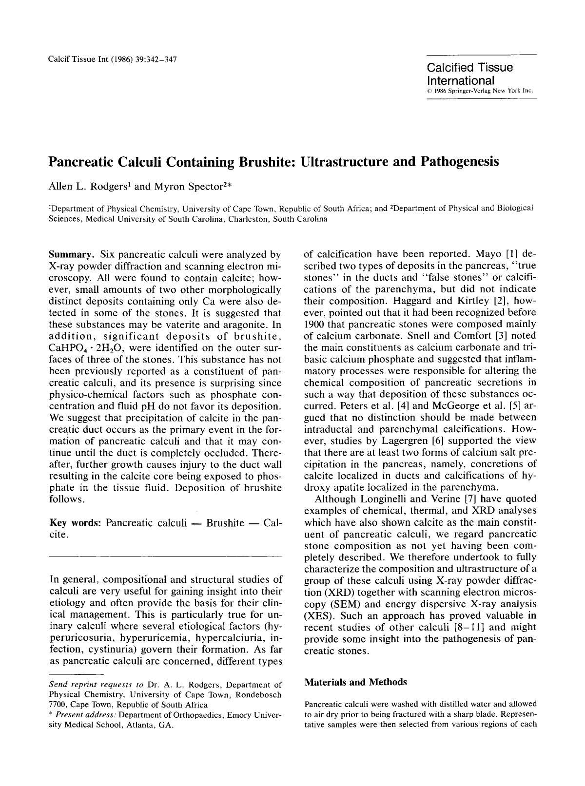 Pancreatic calculi containing brushite: Ultrastructure and pathogenesis by Unknown