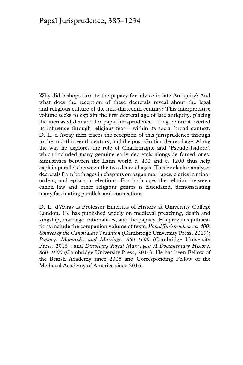 Papal jurisprudence, 385-1234 : social origins and Medieval reception of Canon Law by D. L. D'Avray