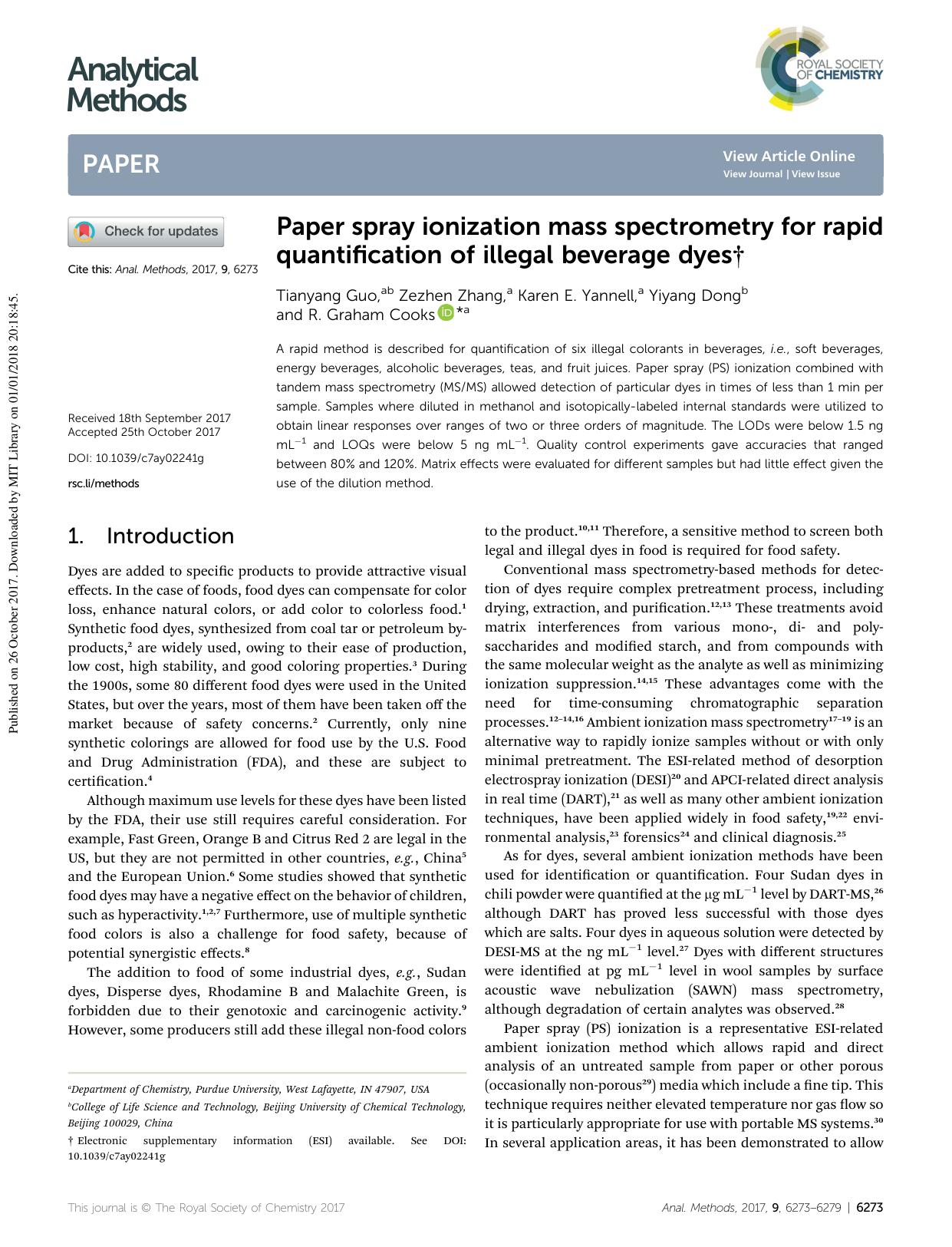 Paper spray ionization mass spectrometry for rapid quantification of illegal beverage dyes by Tianyang Guo & Zezhen Zhang & Karen E. Yannell & Yiyang Dong & R. Graham Cooks