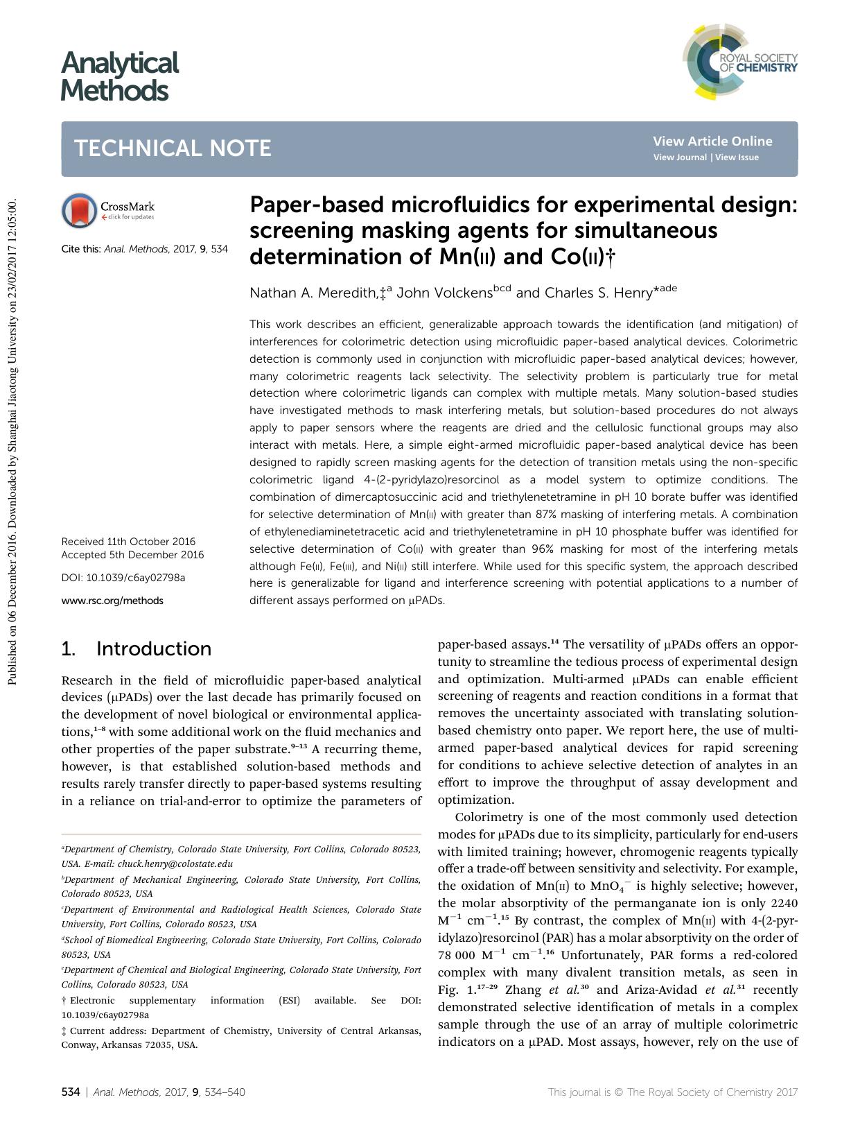 Paper-based microfluidics for experimental design: screening masking agents for simultaneous determination of Mn(ii) and Co(ii) by Nathan A. Meredith & John Volckens & Charles S. Henry