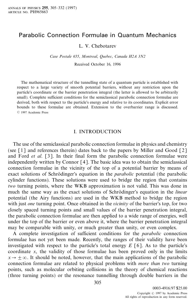 Parabolic Connection Formulae in Quantum Mechanics by Chebotarev L. V