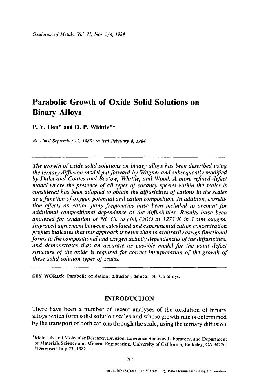 Parabolic growth of oxide solid solutions on binary alloys by Unknown