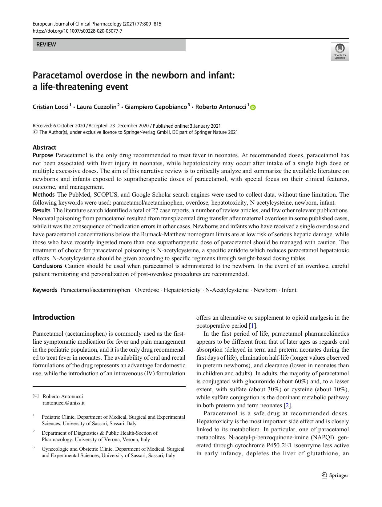 Paracetamol overdose in the newborn and infant: a life-threatening event by Cristian Locci & Laura Cuzzolin & Giampiero Capobianco & Roberto Antonucci