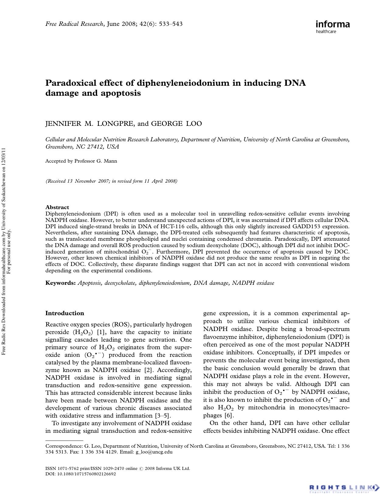 Paradoxical effect of diphenyleneiodonium in inducing DNA damage and apoptosis by Jennifer M. Longpre1 & George Loo1†