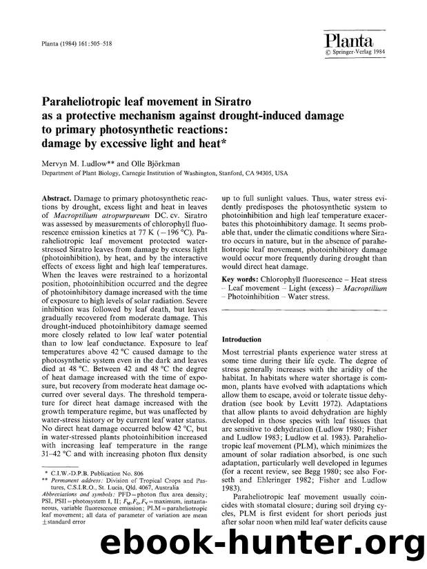 Paraheliotropic leaf movement in Siratro as a protective mechanism against drought-induced damage to primary photosynthetic reactions: damage by excessive light and heat by Unknown