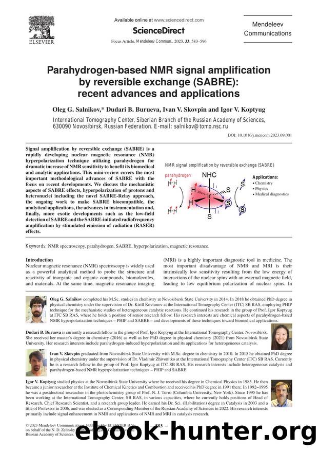Parahydrogen-based NMR signal amplification by reversible exchange (SABRE): Recent advances and applications by Oleg G. Salnikov & Dudari B. Burueva & Ivan V. Skovpin & Igor V. Koptyug