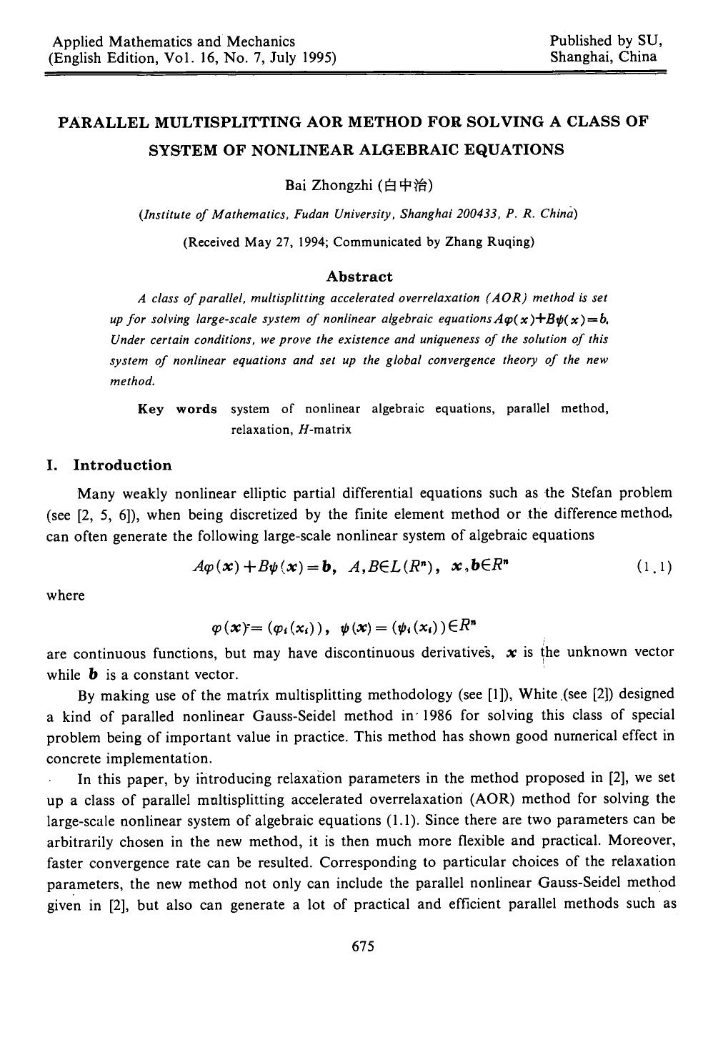 Parallel Multisplitting AOR method for solving a class of system of nonlinear algebraic equations by Unknown