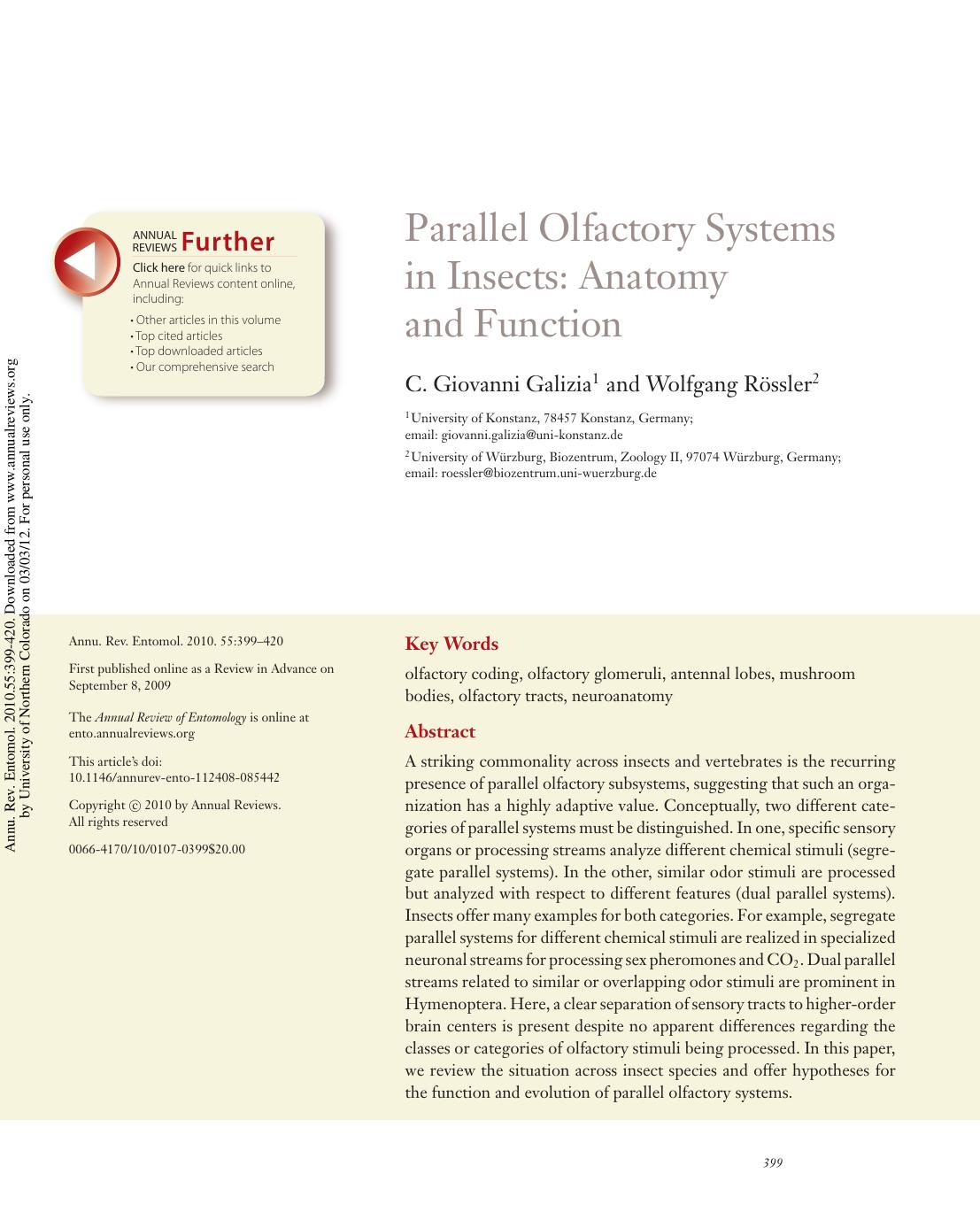 Parallel Olfactory Systems in Insects: Anatomy and Function by C. Giovanni Galizia1 & Wolfgang Rössler2