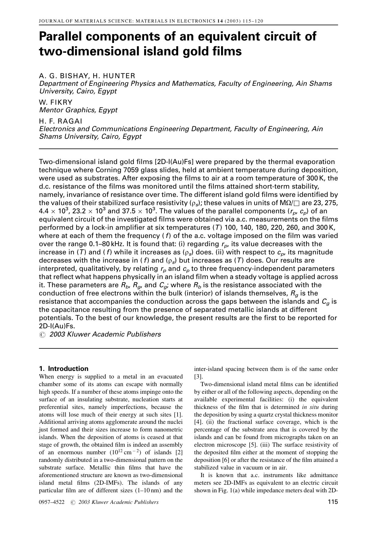 Parallel components of an equivalent circuit of two-dimensional island gold films by Unknown