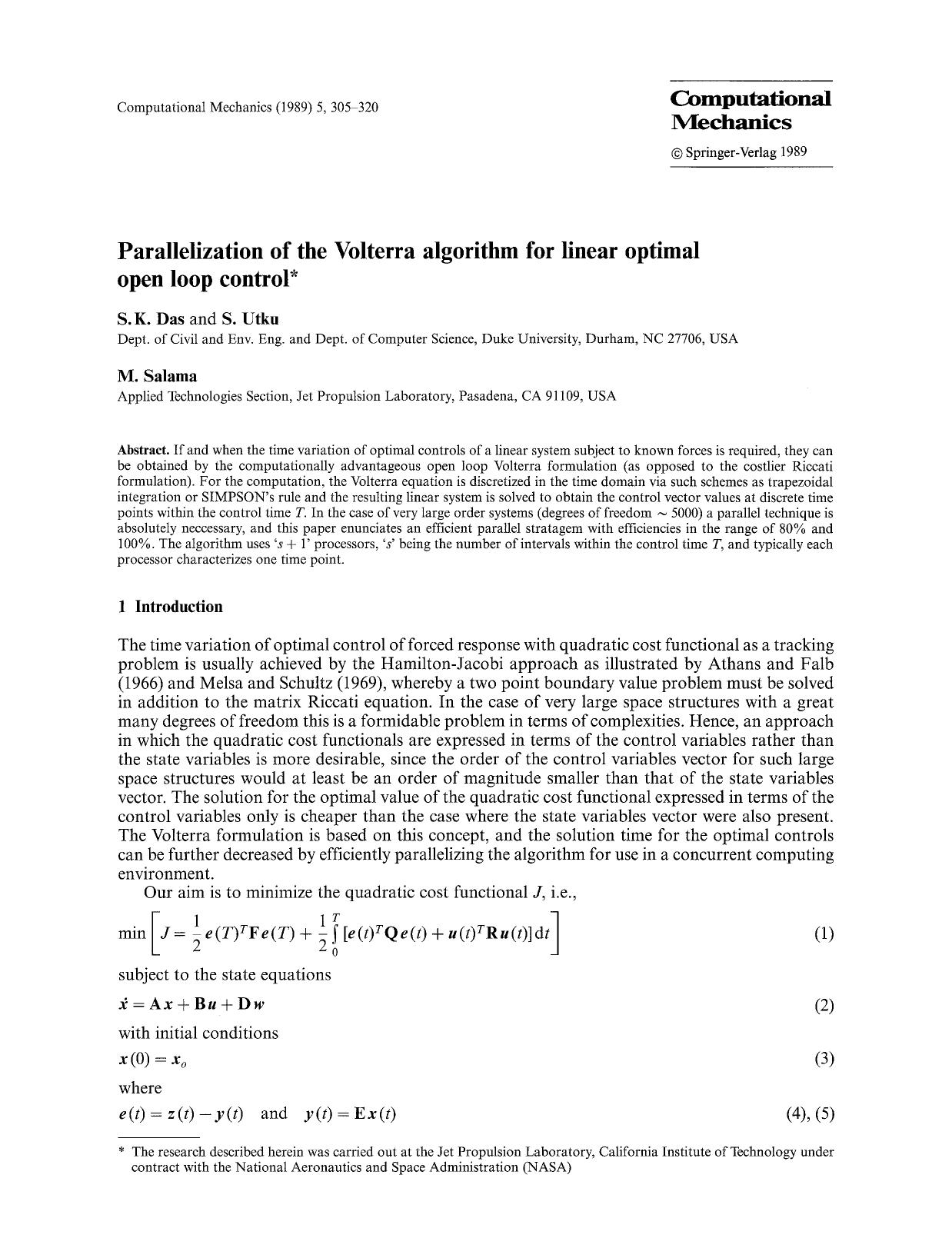 Parallelization of the Volterra algorithm for linear optimal open loop control by Unknown