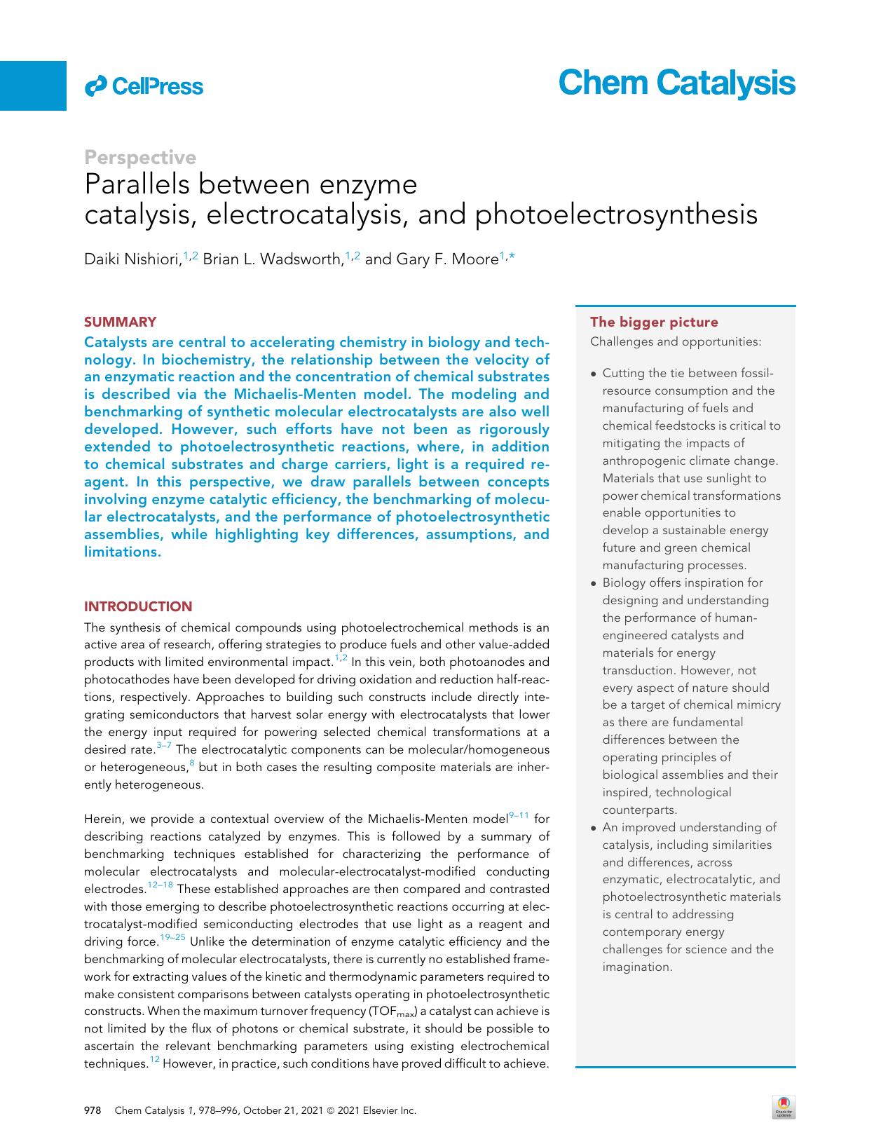 Parallels between enzyme catalysis, electrocatalysis, and photoelectrosynthesis by Daiki Nishiori & Brian L. Wadsworth & Gary F. Moore