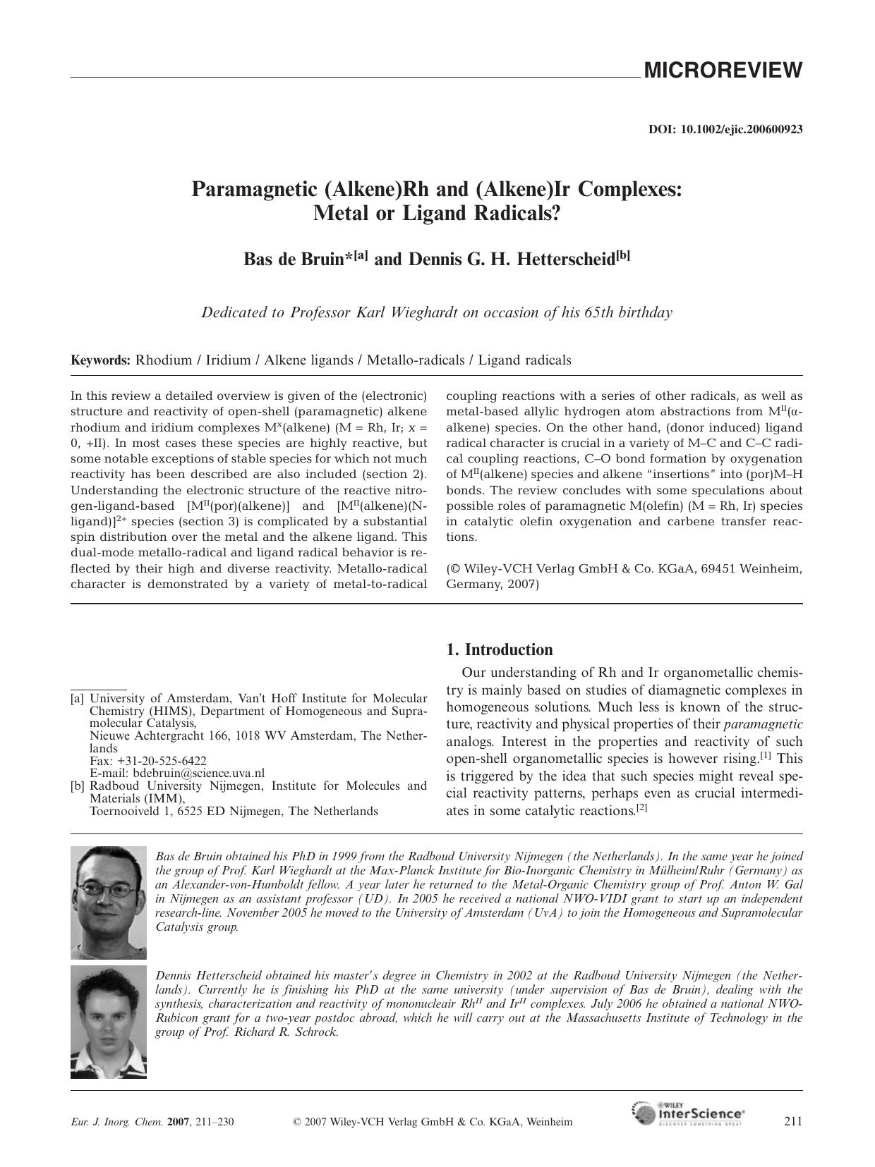 Paramagnetic (Alkene)Rh and (Alkene)Ir Complexes: Metal or Ligand Radicals? by Unknown