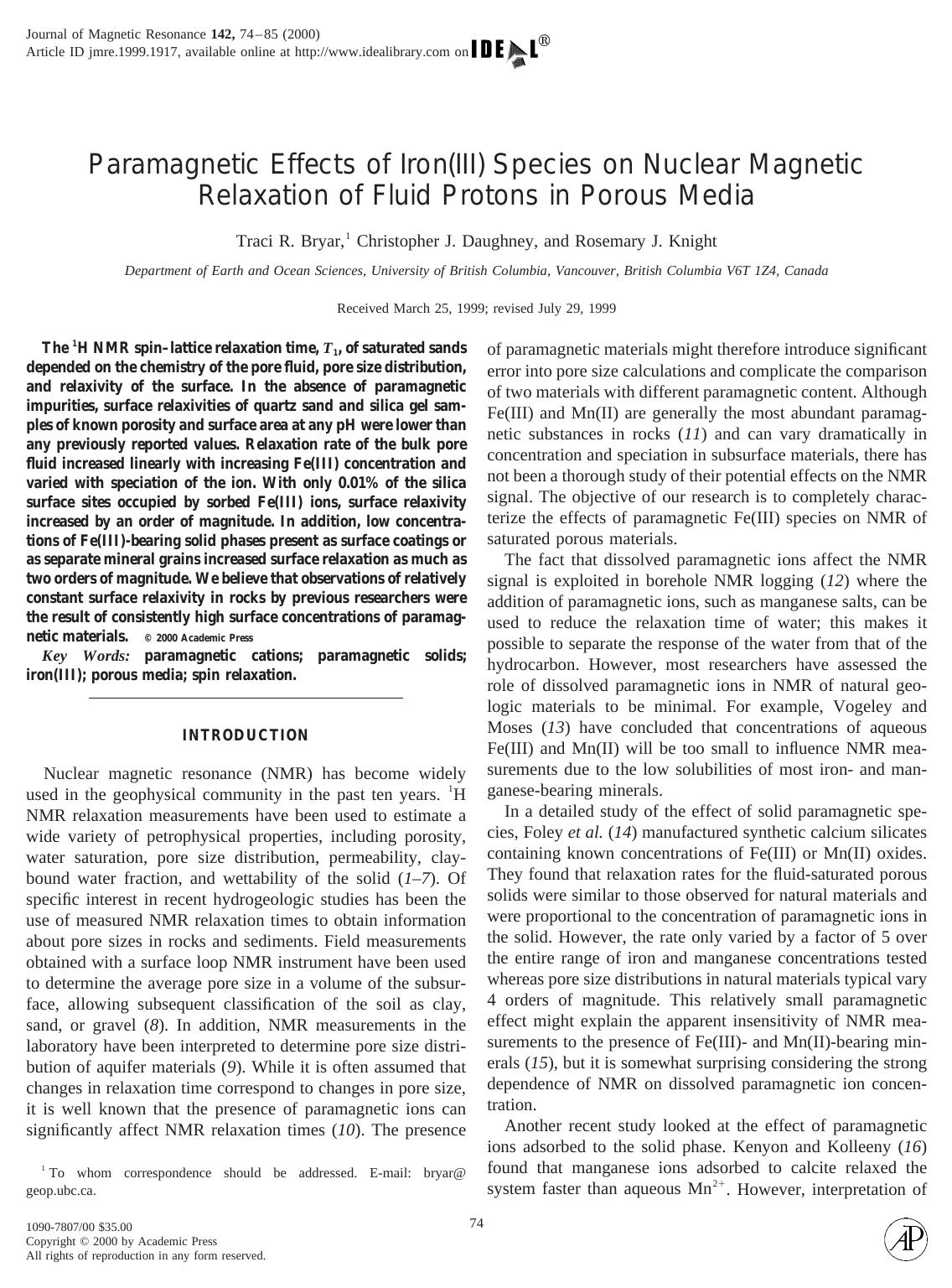 Paramagnetic Effects of Iron(III) Species on Nuclear Magnetic Relaxation of Fluid Protons in Porous Media by Bryar T. R. et al