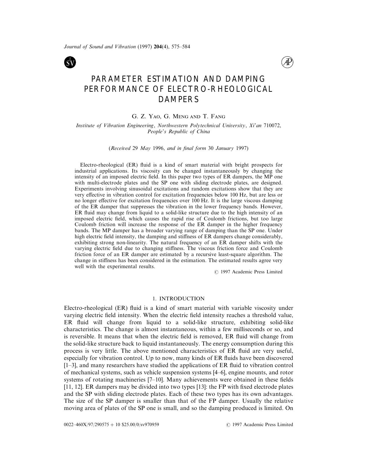 Parameter Estimation and Damping Performance of Electro-Rheological Dampers by Yao G. Z. et al