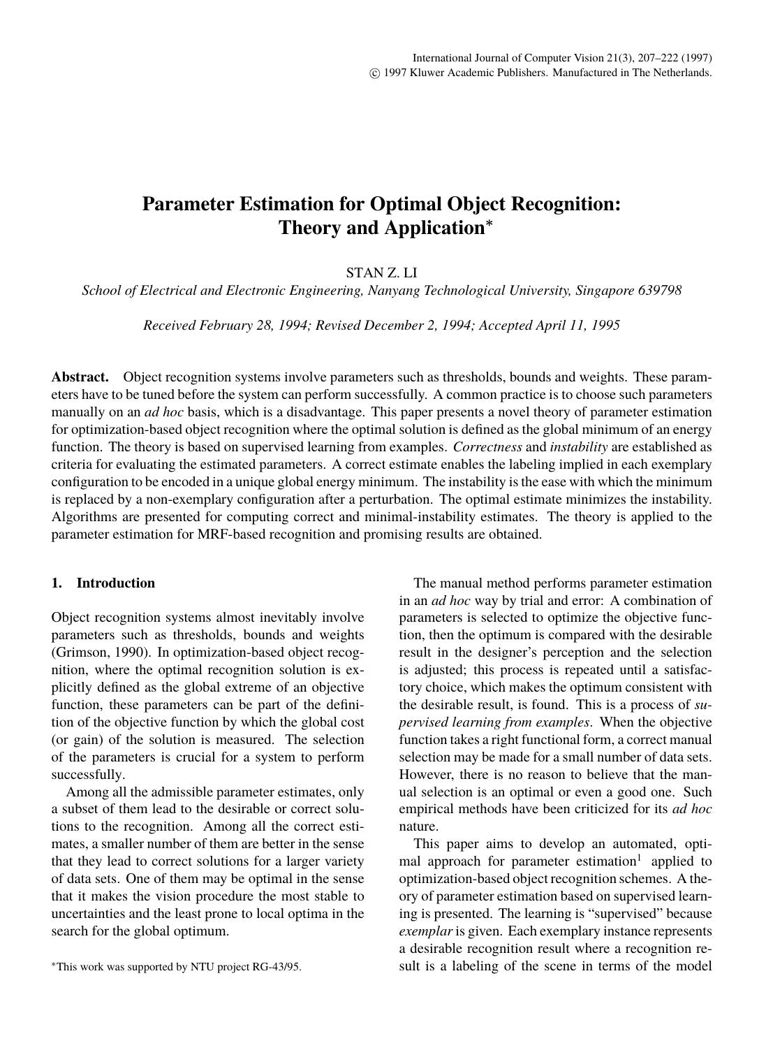 Parameter Estimation for Optimal Object Recognition: Theory and Application by Parameter Estimation for Optimal Object Recognition Theory & Application