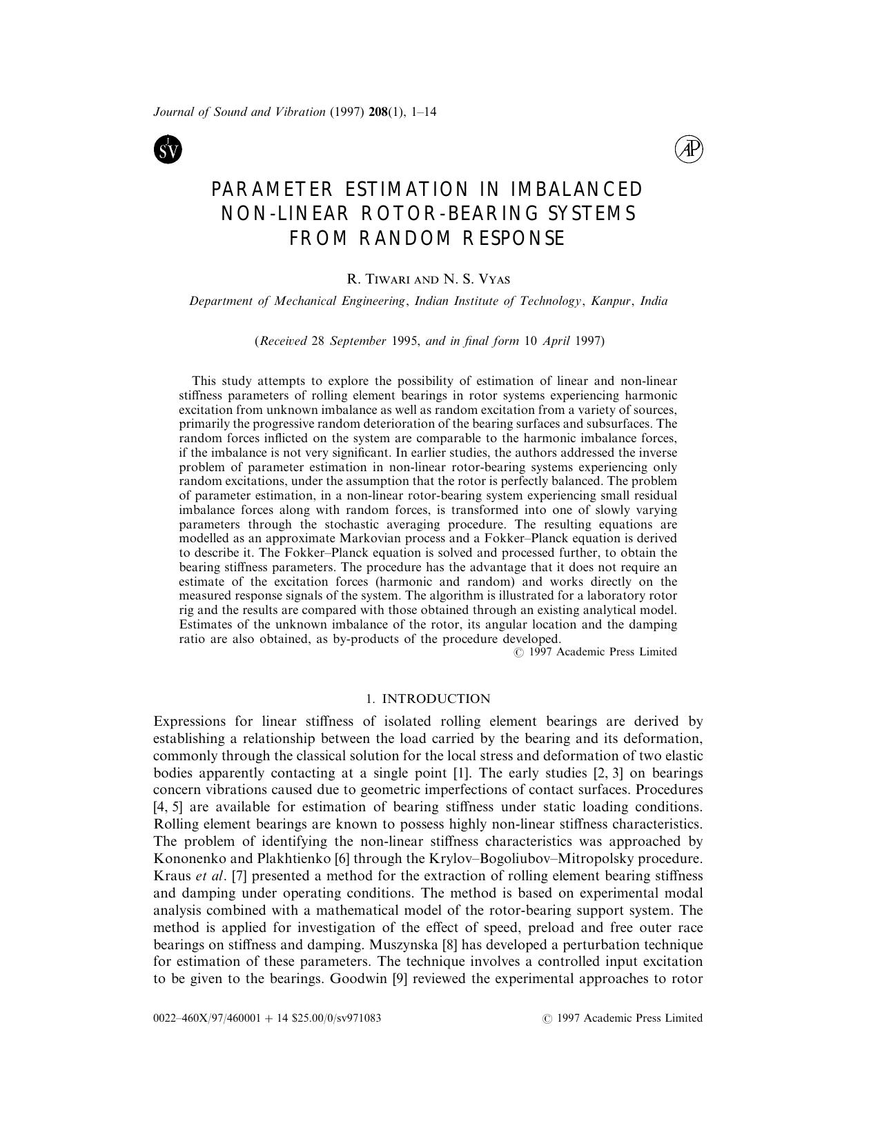 Parameter Estimation in Imbalanced Non-Linear Rotor-Bearing Systems from Random Response by Tiwari R. & Vyas N. S