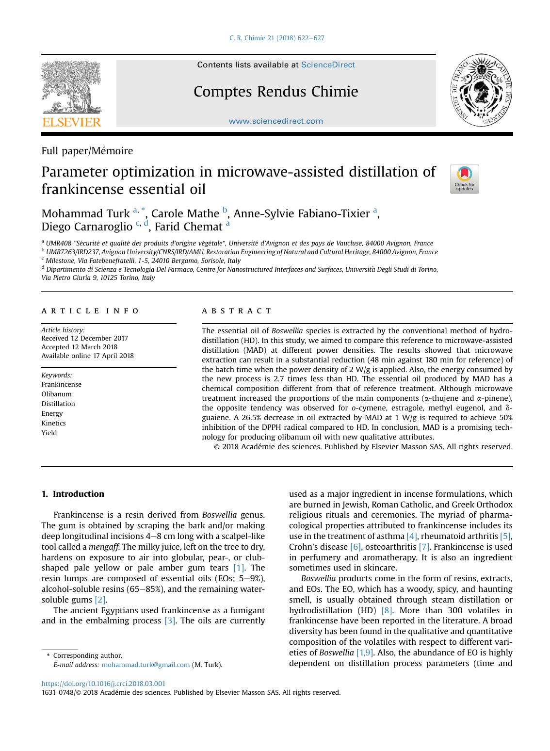 Parameter optimization in microwave-assisted distillation of frankincense essential oil by Mohammad Turk & Carole Mathe & Anne-Sylvie Fabiano-Tixier & Diego Carnaroglio & Farid Chemat