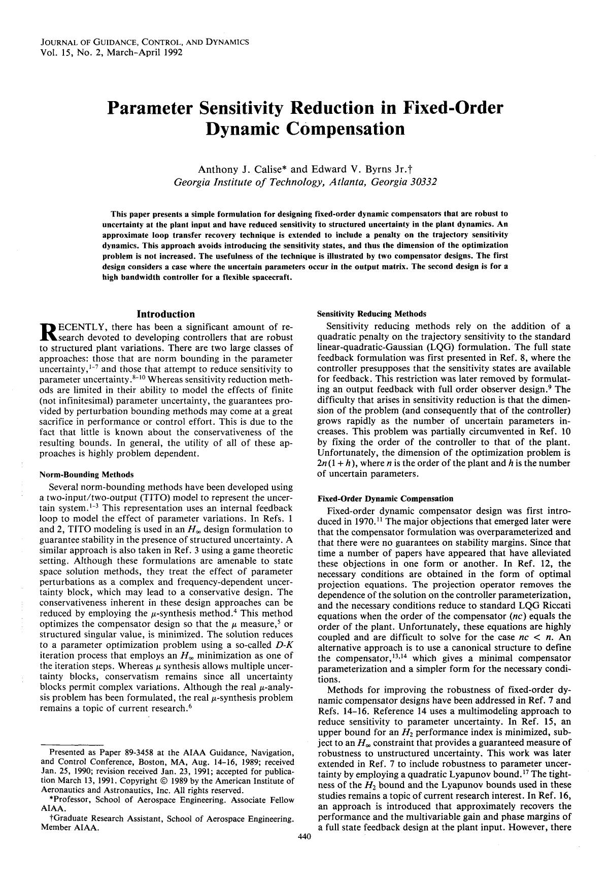 Parameter sensitivity reduction in fixed-order dynamic compensation by Unknown