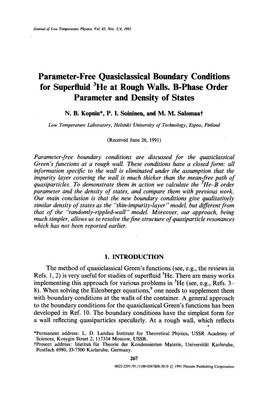 Parameter-free quasiclassical boundary conditions for superfluid <Superscript>3 <Superscript>He at rough walls. B-phase order parameter and density of states by Unknown