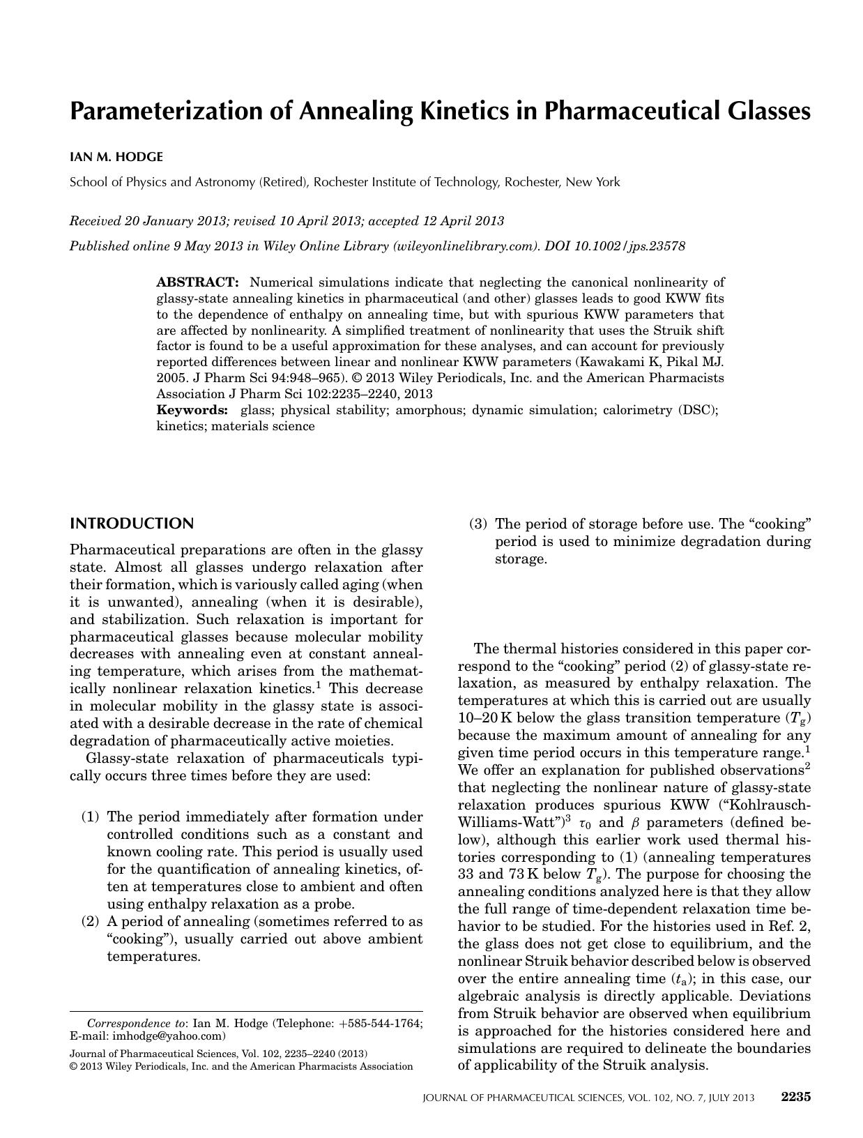 Parameterization of annealing kinetics in pharmaceutical glasses by Unknown