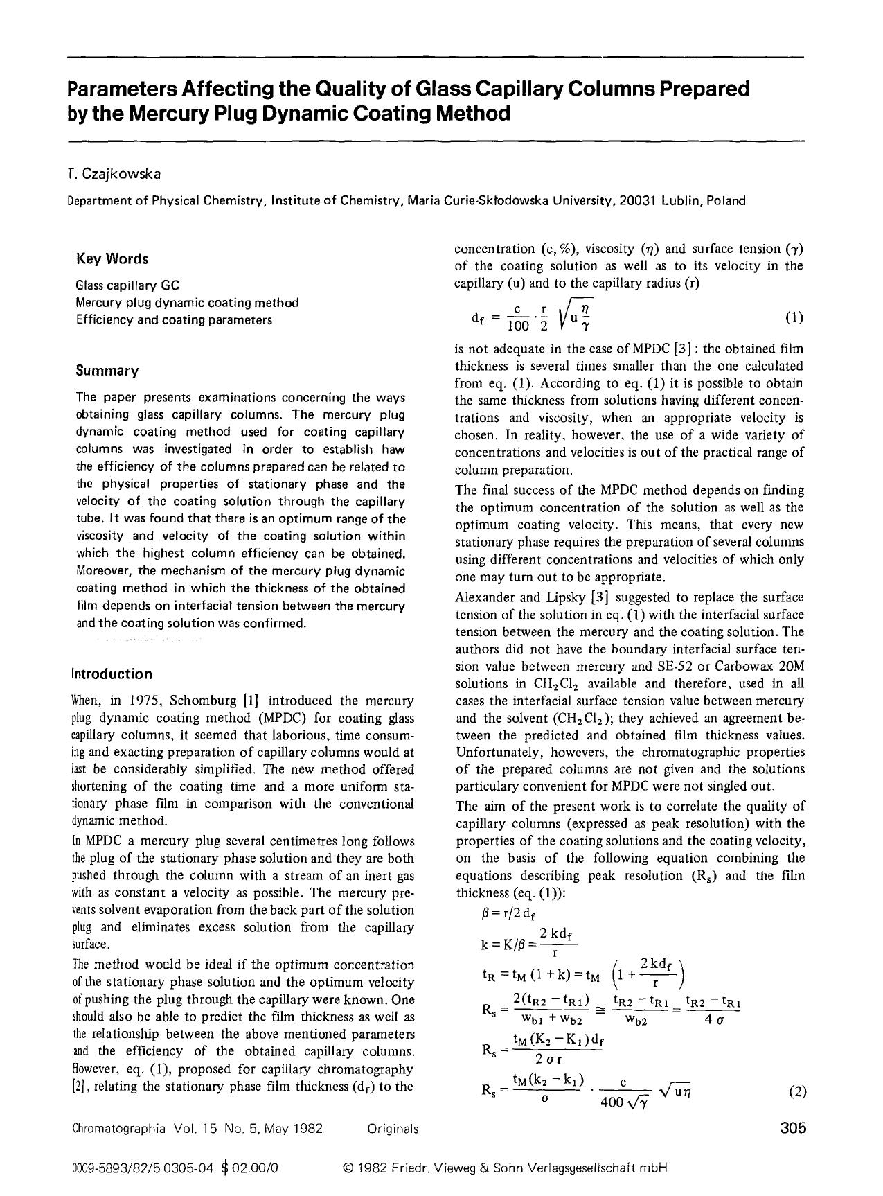 Parameters affecting the quality of glass capillary columns prepared by the mercury plug dynamic coating method by Unknown