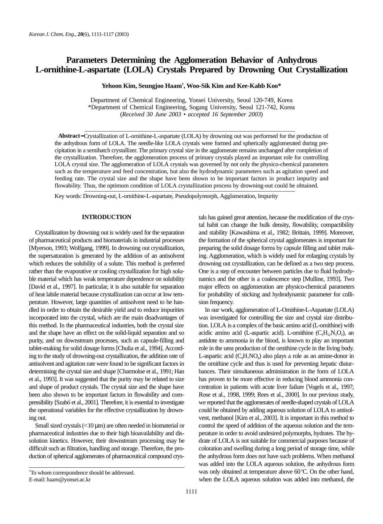Parameters determining the agglomeration behavior of anhydrous L-ornithine-L-aspartate (LOLA) crystals prepared by drowning out crystallization by Unknown
