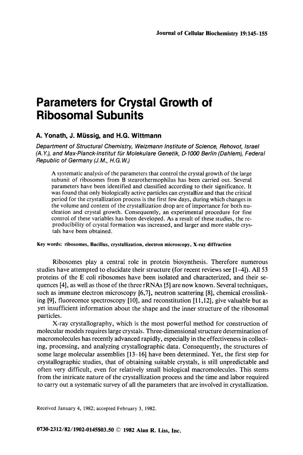 Parameters for crystal growth of ribosomal subunits by Unknown