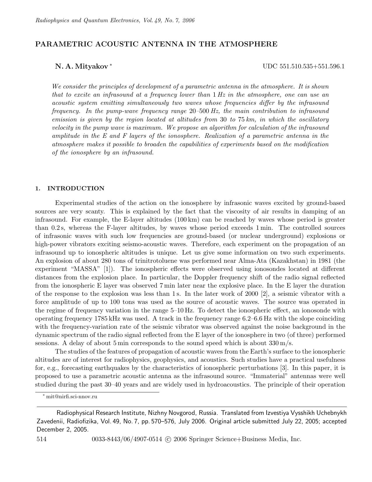 Parametric acoustic antenna in the atmosphere by Unknown