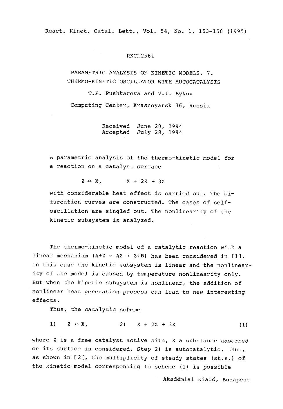 Parametric analysis of kinetic models, 7. Thermo-kinetic oscillator with autocatalysis by Unknown
