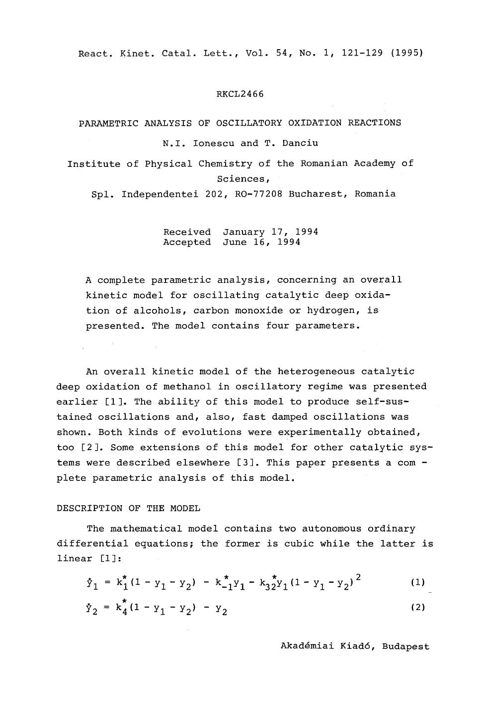 Parametric analysis of oscillatory oxidation reactions by Unknown