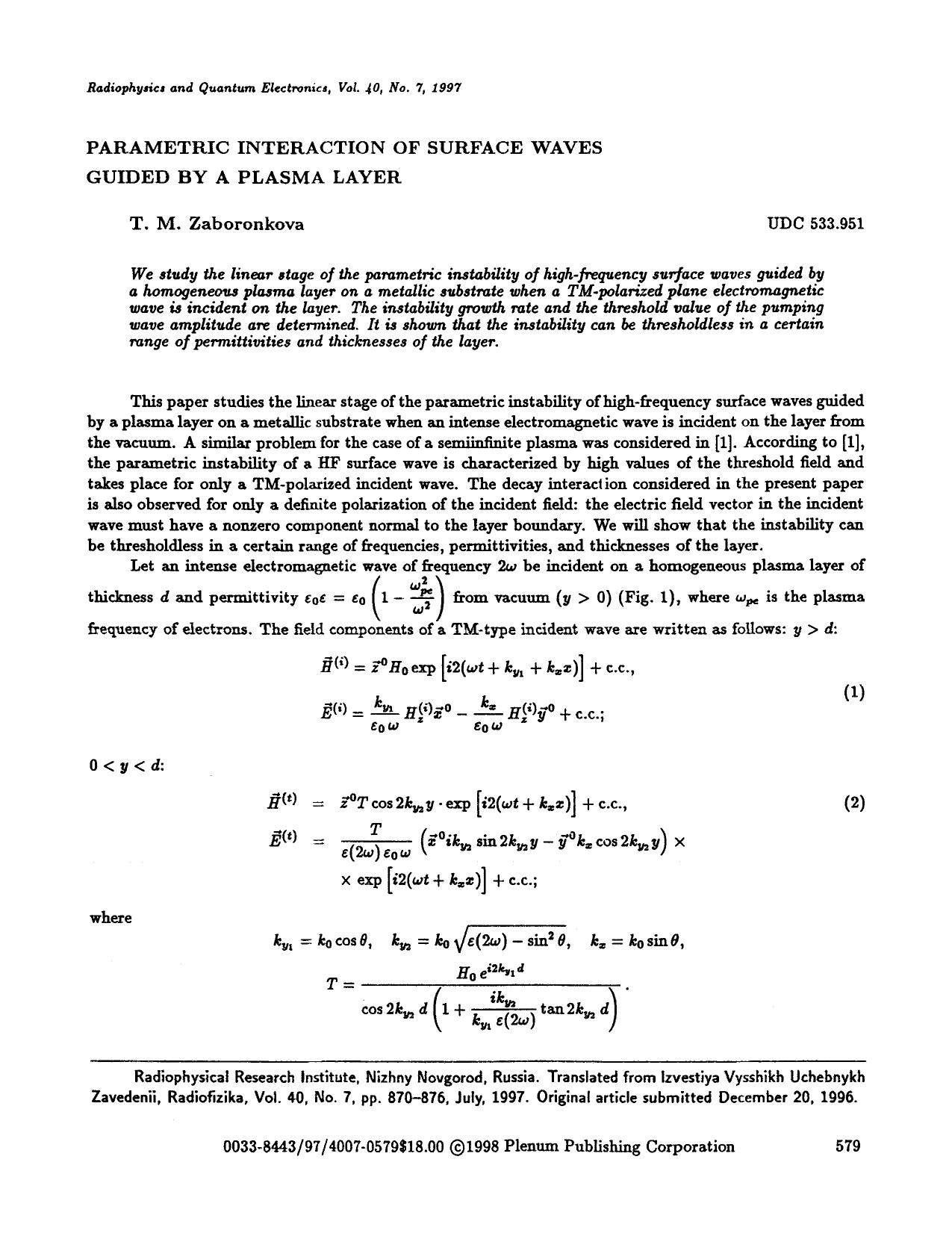 Parametric interaction of surface waves guided by a plasma layer by Unknown