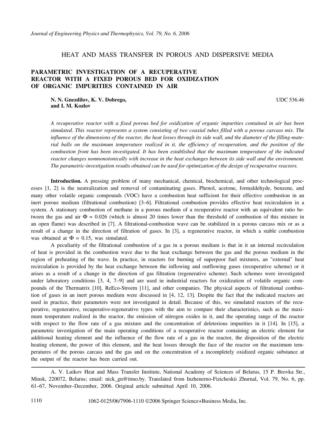 Parametric investigation of a recuperative reactor with a fixed porous bed for oxidization of organic impurities contained in air by Unknown