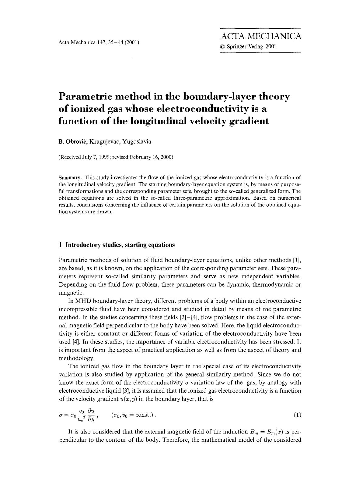Parametric method in the boundary-layer theory of ionized gas whose electroconductivity is a function of the longitudinal velocity gradient by Unknown