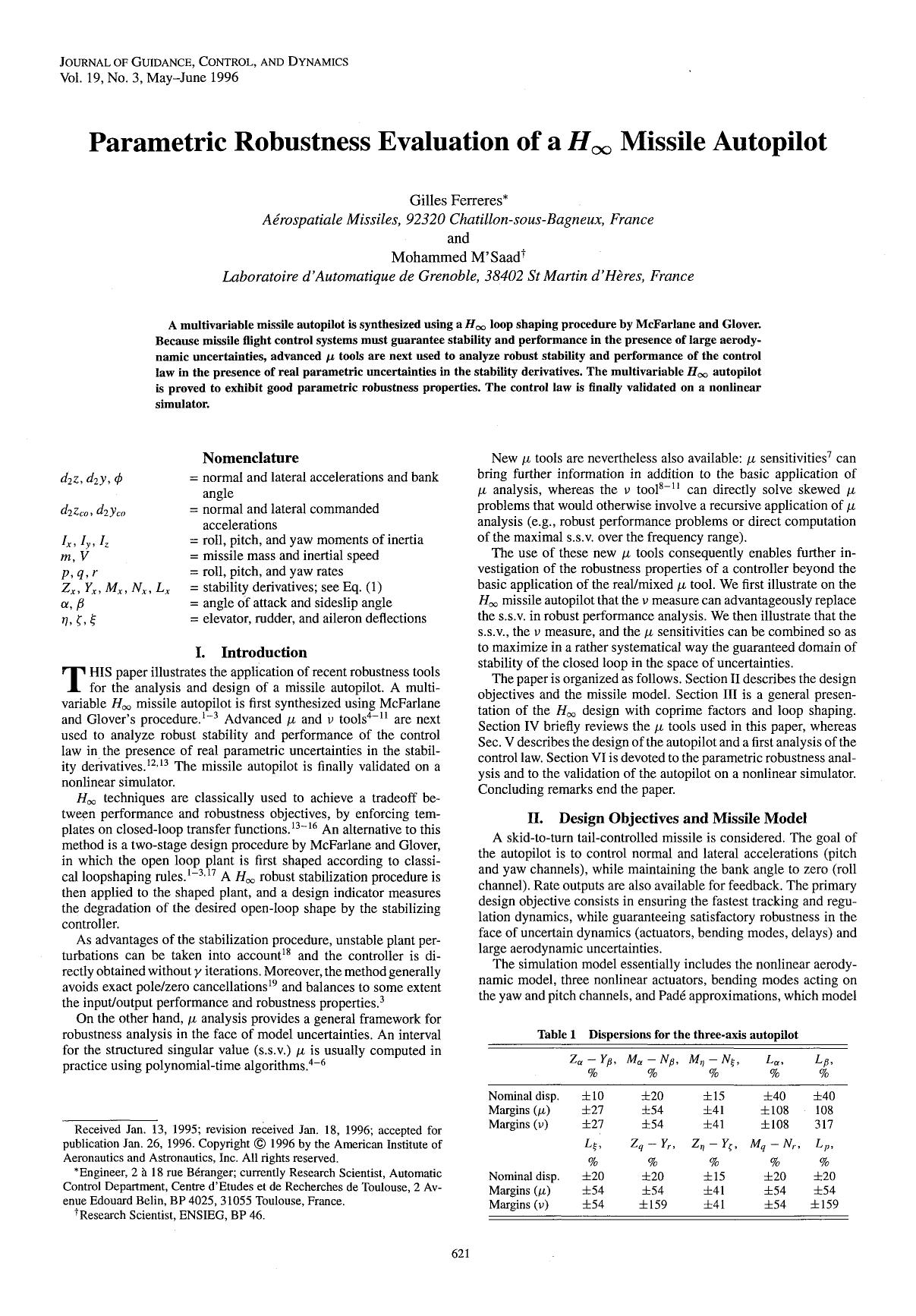 Parametric robustness evaluation of a H-infinity missile autopilot by Unknown