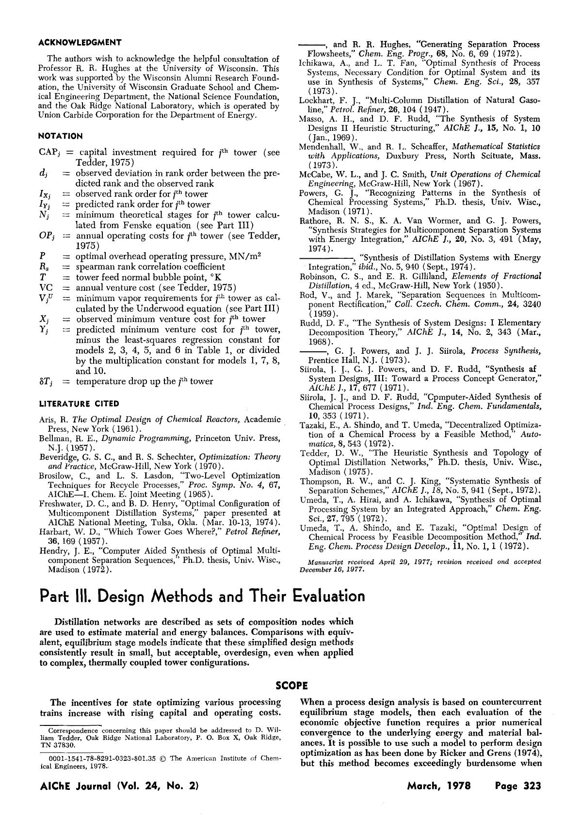Parametric studies in industrial distillation: Part III. Design methods and their evaluation by Unknown